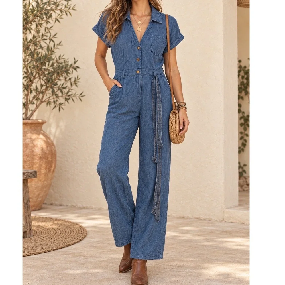 Zara Denim Linen Blend Wide Leg Jumpsuit Blue Short Sleeve Belted Medium d5